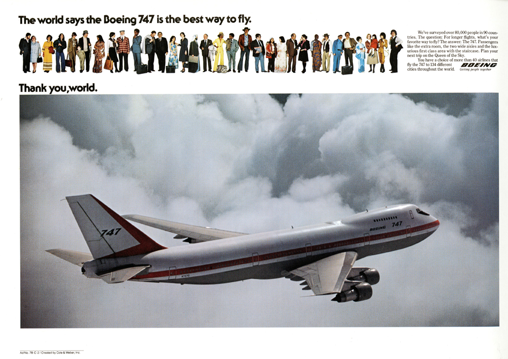 Sample from Boeing Commercial Airplanes "Thank You, World" advertisements from 1978.